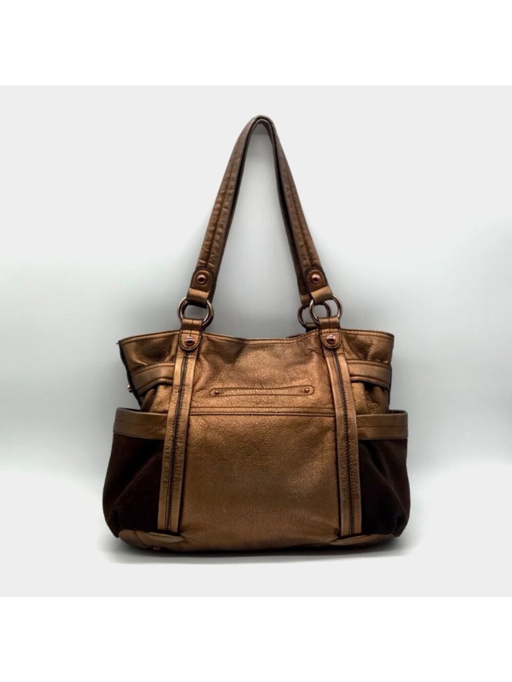 B. Makowsky Metallic Brown Glove Leather Columbia Studded Shopper Bag - Picture 2 of 11